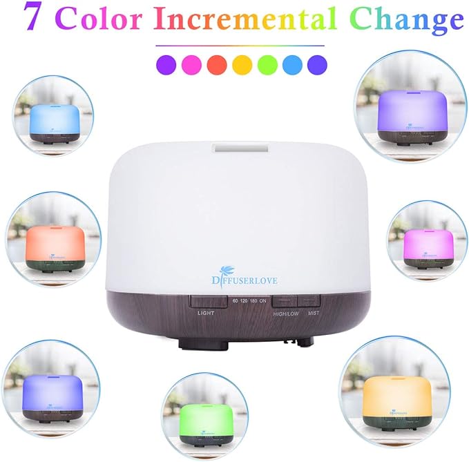 Diffuserlove Essential Oil Diffuser 500ML Aromatherapy Diffuser Mist Humidifiers 7 Color LED Lights Diffusers for Home Office Bedroom (Size:6.7" L x 6.7" W x 4.7" H)