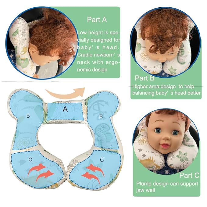 Baby Neck Pillows, Comfortable Baby Travel Head Neck Support Pillow for Car Seat Stroller Pushchair, Soft PP Cotton Travel Pillow for 0-1 Year Old Toddler Infant Newborn, Ocean