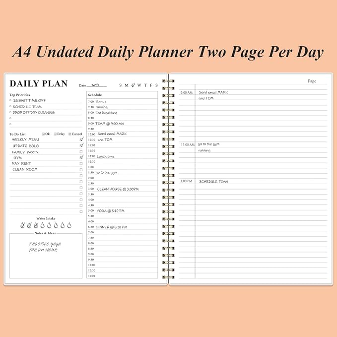 Daily Planner Undated - 8.5" x 11" To Do List Notebook Hourly Schedules, 150 Sheets/300 Pages Spiral Appointment Planner for Women and Men,PVC Hardcover, Inner Pocket, Elastic Closure, Rose Leaf