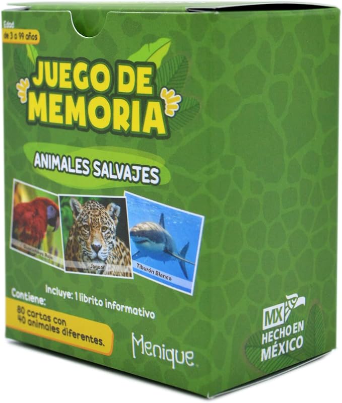 Menique Wild Animals Memory Matching Game – Spanish Edition – 80 Cards (40 Pairs) with Real Photos – Educational Game in Spanish for Kids and Adults – Includes Booklet