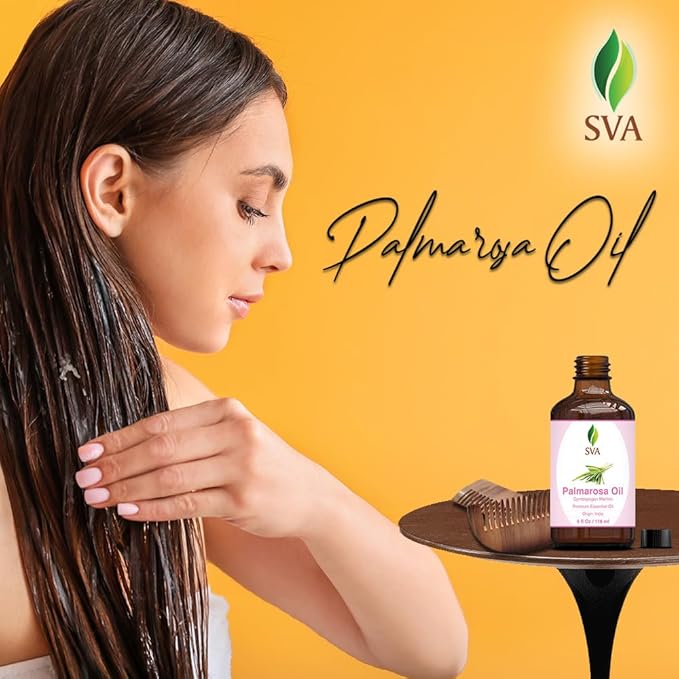 SVA Palmarosa Essential Oil – 4 Fl Oz – 100% Natural Palmarosa Oil - for Diffuser, Hair Care, Face, Skin Care, Aromatherapy, Scalp and Body Massage, Soap and Candle Making – with Dropper