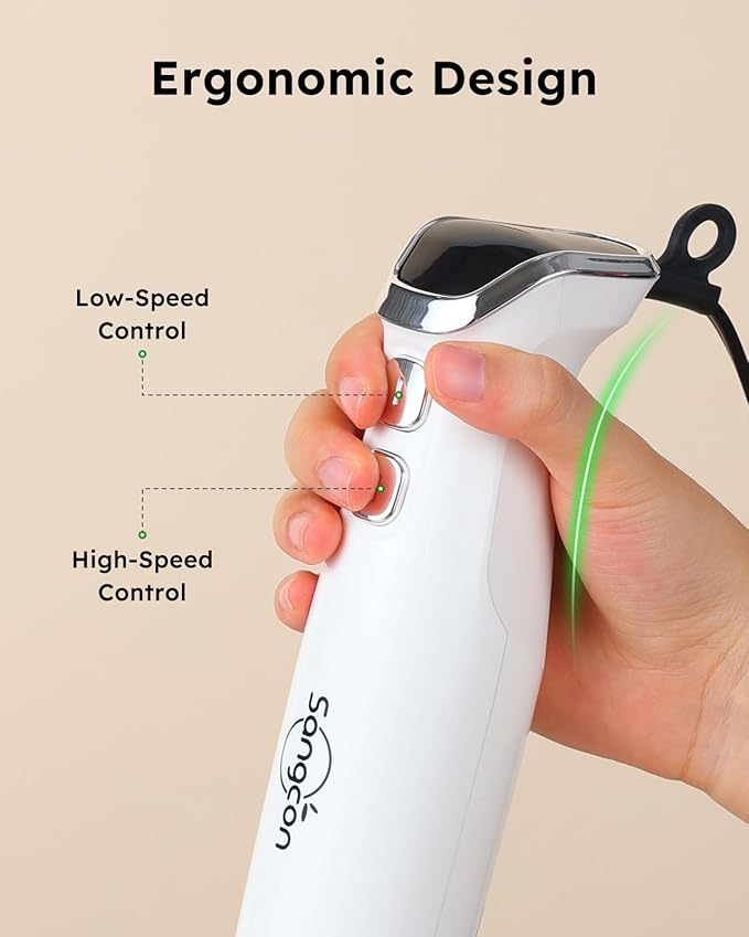 Sangcon Immersion Blender Handheld, 3-in-1 Hand Blender Electric, 400W Handheld Blender, Stainless Steel Blade Stick Blender with Whisk, Milk Frother Attachments - White