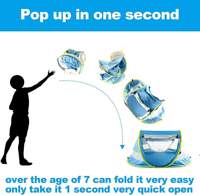 Poray Portable Baby Beach Tent with UPF 50+ Sun Shelter,Mosquito Net and Sunshade, Ideal Pop Up Kids Travel Tent with Carry Bag & 2 Stakes,Outdoor Indoor Play and Sun Protection