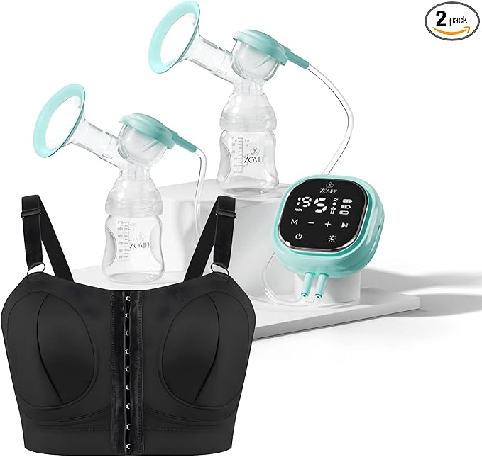 Zomee Z2 Double Electric Breast Pump - Shabbat Mode Edition - Portable, Hands Free Pumping Hospital Grade Wearable Breast Pump Including; Black Bamboo Pumping Bra (Large)