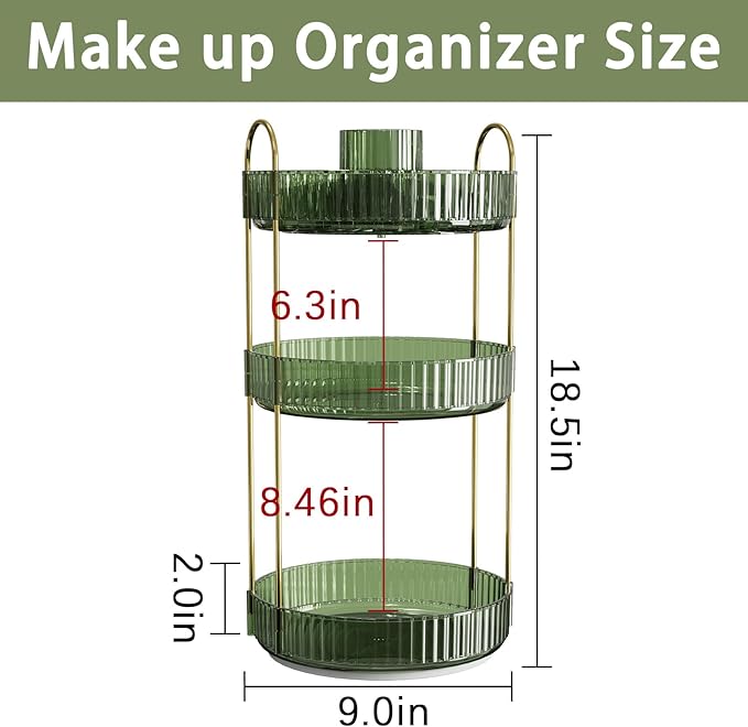 Rotating Makeup Organizer for Vanity, High-Capacity Skincare Clear Make Up Storage Perfume Organizers Cosmetic Dresser Organizer Countertop 360 Spinning (Green, New-3 Tier)