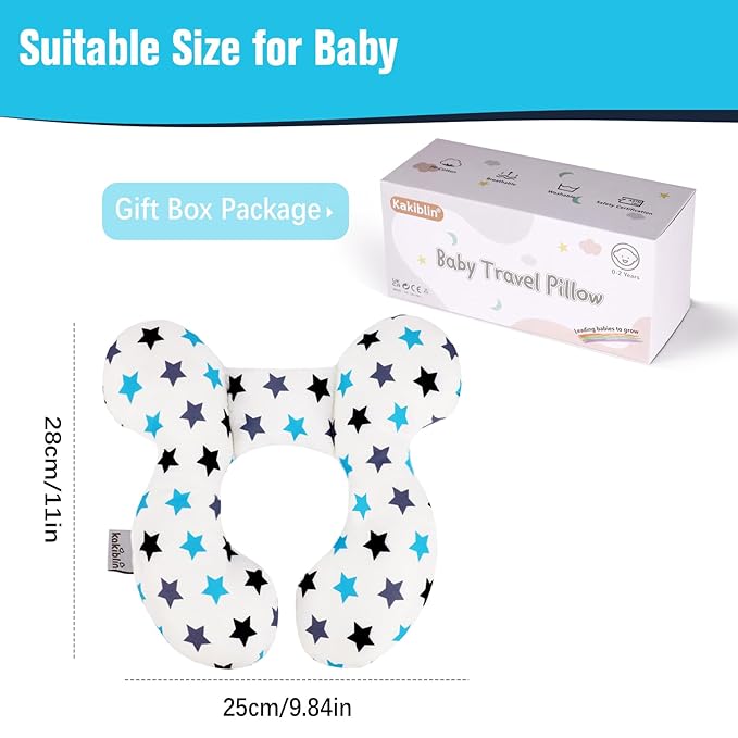 KAKIBLIN Baby Neck Pillow, Upgraded Baby Support Pillow, Head Pillows for Carseat, Newborn Neck Support for Car Seat,Pushchair,Travel (White Star)