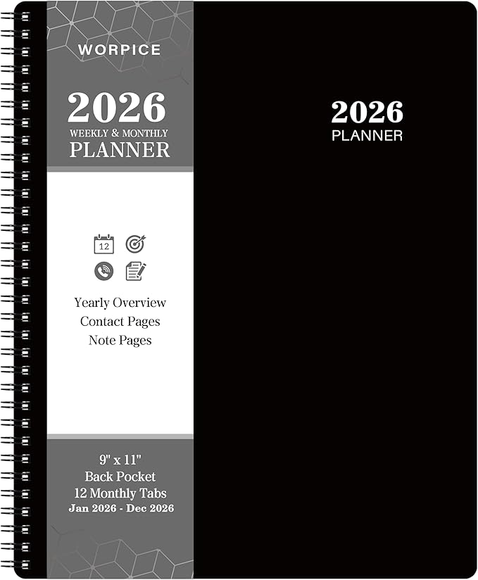 2026 Planner - 9” × 11”, 2026 Weekly and Monthly Planner, from JAN. 2026 to DEC. 2026, Inner Pocket, Premium Paper, Twin-wire Binding, Make Your Life Productive - Black