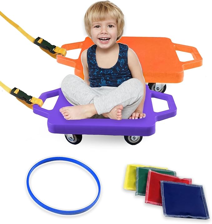 2 Plastic Scooter Boards with Handles for Kids Sitting and Sports Training, with 1 Ring, 2 Ropes and 4 Beanbags, Indoor and Outdoor Play