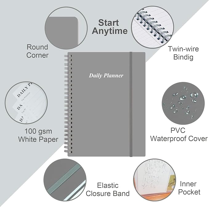 Daily Planner Undated - A5 To Do List Notebook Hourly Schedules, Spiral Appointment Planner for Women and Men, PVC Hardcover, Inner Pocket, Elastic Closure, 5.8" x 8.3", Grey