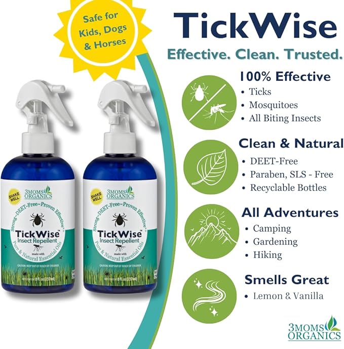 3 Moms Organics, TickWise 8oz Extra Strength Double Whammy 2-Pack - DEET- Free, Tick and Insect Repellent, Plant Based Essential Oils, All Natural Ingredients, Safe for Kids, Adults, Dogs & Horses