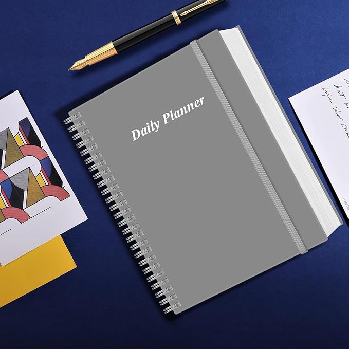 Daily Planner Undated - A4 To Do List Notebook Hourly Schedules, Spiral Appointment Planner for Women and Men,PVC Hardcover, Inner Pocket, Elastic Closure, 8.5" x 11", Grey