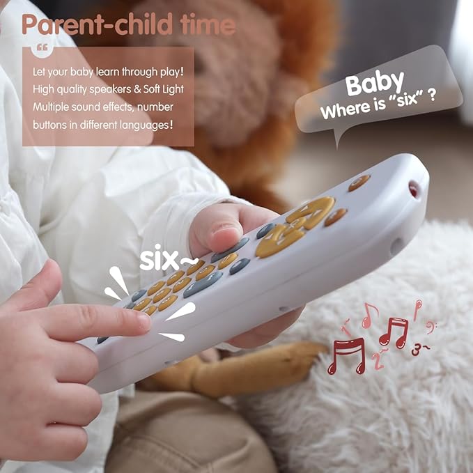 Nueplay Baby TV Remote Control Toy with Light and Sound, Toddler Realistic Controller with 3 Languages, Early Educational Learning Musical Toys, Preschool Infant Boys Girls 6, 12, 18 Months, White