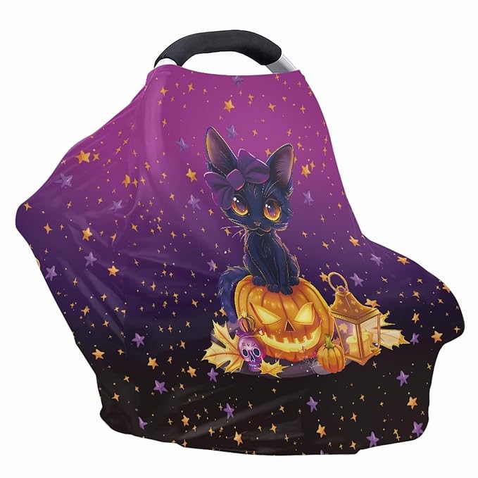 Binienty Black Cat Car Seat Covers for Babies Galaxy Pumpkin Cats Moon Nursing Covers Stretchy Breastfeeding Scarf Multi Use Carseat Covers for Stroller