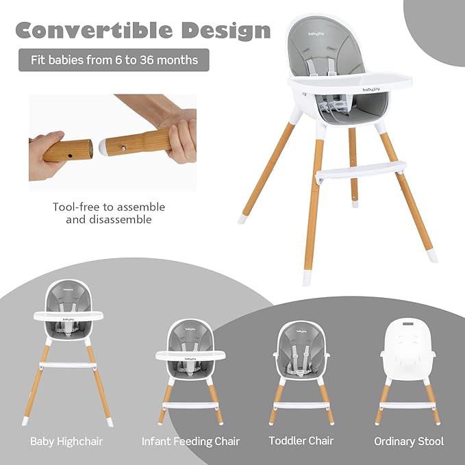BABY JOY Convertible Baby High Chair, 3 in 1 Highchair w/Adjustable Legs, Dishwasher Safe Tray, Detachable PU Cushion, Footrest, 5-Point Harness for Babies Infants Toddlers (Gray)