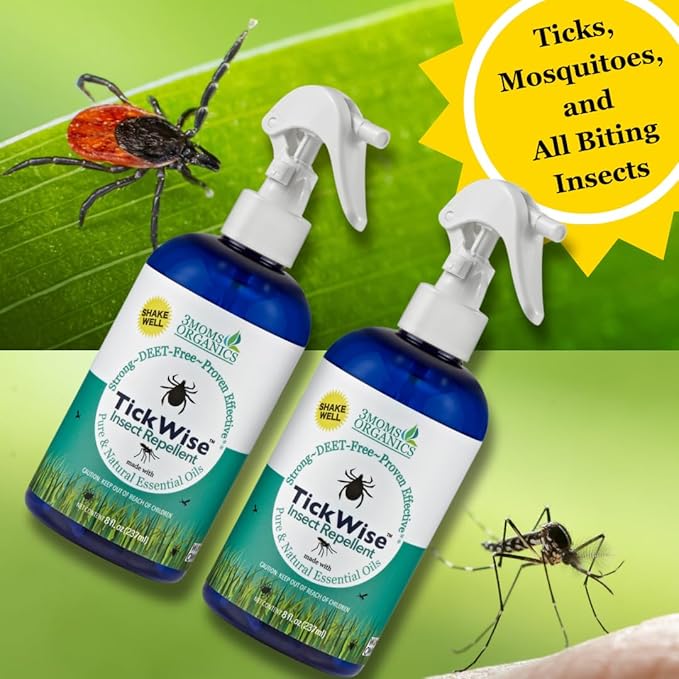 3 Moms Organics, TickWise 8oz Extra Strength Double Whammy 2-Pack - DEET- Free, Tick and Insect Repellent, Plant Based Essential Oils, All Natural Ingredients, Safe for Kids, Adults, Dogs & Horses