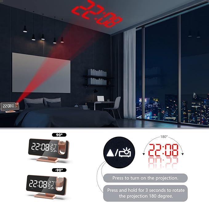 Projection Digital Alarm Clock for Bedrooms, Alarm Clock Radio on Ceiling, USB Charger Port, Temperature & Humidity Display, 7.3” Large Mirror LED Display,12/24H,Snooze,Dual Loud Clock- 4 Dimmer
