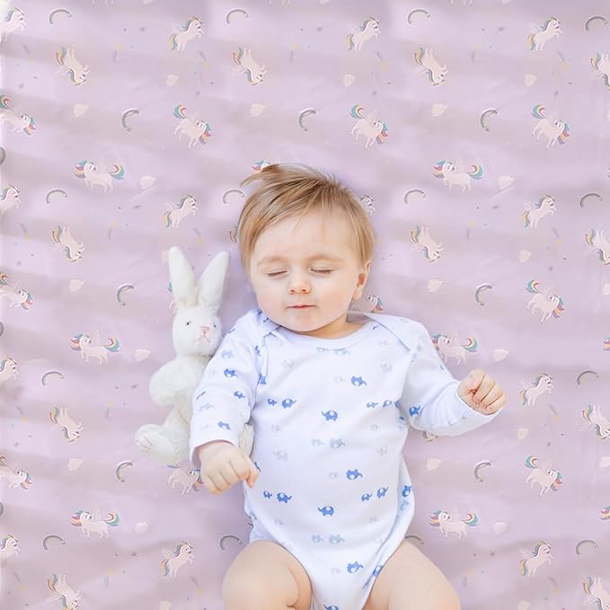 Wowelife Mini Girl Crib Bedding Set, 3 Piece Unicorn Mini Crib Comforter Set, Baby Girl Nursery Bedding Set Include Breathable Comforter, Crib Skirt and 38x24 Sheet, Purple