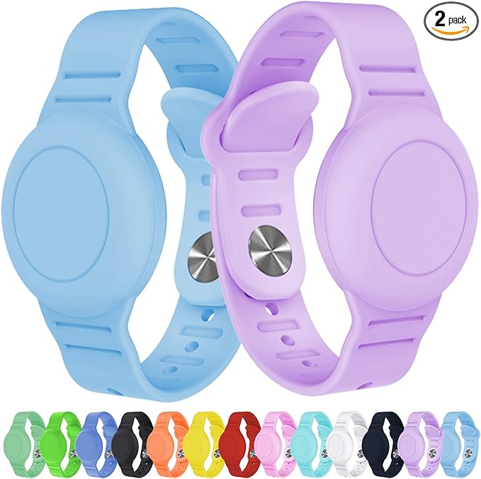 2 Pack Waterproof Bracelet for AirTag Kids, Hidden Silicone Wristband for AirTag, GPS Tracker Case for Air Tag Holder Strap Band for Child Toddler, Secure Anti-Loss Protection(Blue Purple)
