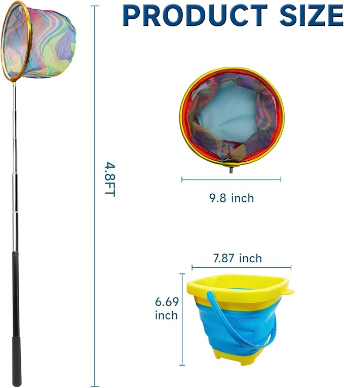 2PCS Fishing Net with Bucket, Telescopic Fishing Landing Net, Collapsible Kids Sand Bucket, Kids Fish Butterfly Catching for Freshwater Saltwater Outdoor Activities