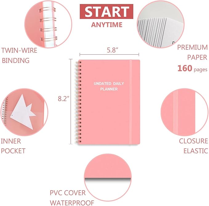 Tiankool Undated Daily Planner,Undated Planner with Hourly Schedules, Top Priorities Items and To Do List, A5 Daily Organizer Notebook to Increase Productivity, 5.8 × 8.2 Inch,Pink