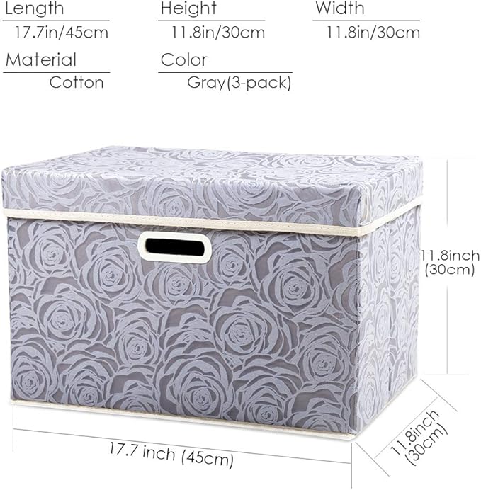 PRANDOM Large Storage Boxes with Lids [3-Pack] Fabric Decorative Storage Bins Cubes Organizer Containers Baskets with Handles for Closet Grey 17.7x11.8x11.8 In For 6+ Year Old Boys and Girls