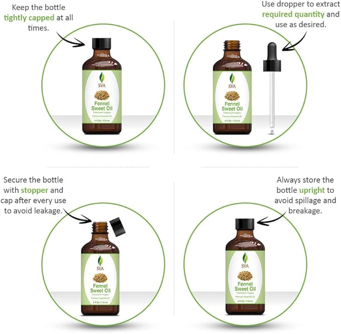 SVA Sweet Fennel Essential Oil – 4 Fl Oz – 100% Natural Fennel Oil - for Diffuser, Hair Care, Face, Skin Care, Aromatherapy, Scalp and Body Massage, Soap and Candle Making – with Dropper
