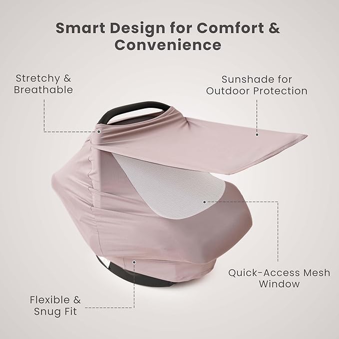Konssy Baby Car Seat Cover with Breathable Mesh Window, Stretchy Windproof and Sunshade Canopy for Infant Car Seats, Boys and Girls