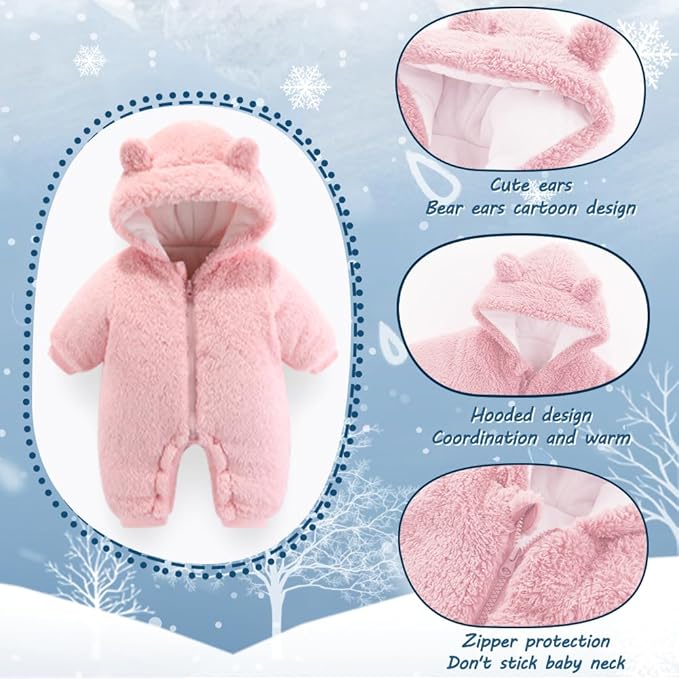 Newborn Baby Bear Outfit Suit Girls Boys Fleece Jumpsuit Romper Hooded Winter Snowsuit Clothes