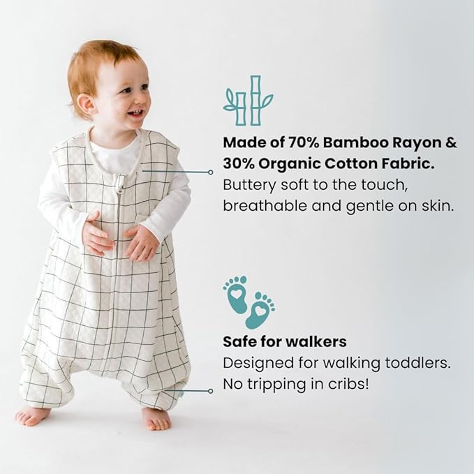 Tealbee Dreamsuit - Toddler Sleep Sack with feet 12-18 Months, 18-24 Months - 0.8 TOG Lightweight Baby Wearable Blanket for Walkers - Rayon Made from Bamboo, Organic Cotton Sleep Bag - Checkered