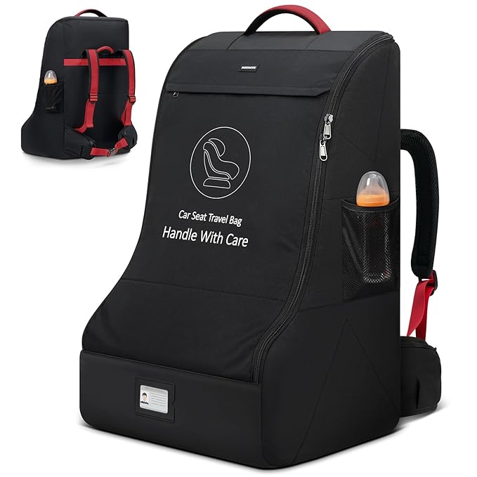 RAINSMORE Padded Car Seat Travel Bag for Airplane Heavy Duty Car Seat Backpack for Air Travel Baby Carseat Cover Bags for Airport Large Car Seats Carrier Fits Car Seats & Booster Seats, Black