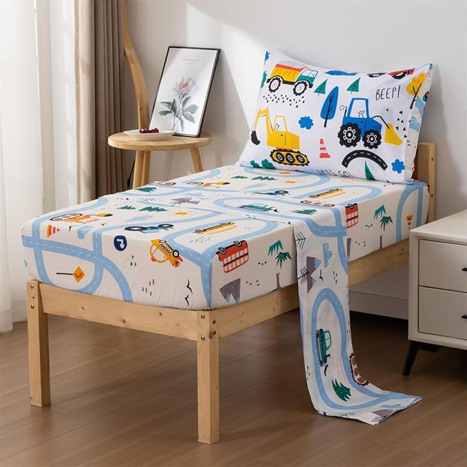 NTBED 4 Pieces Construction Toddler Bedding Set for Baby Boys,Tree Truck Vehicles Excavator Cars Printed, Includes Comforter, Flat Sheet, Fitted Sheet and Pillowcase,Blue
