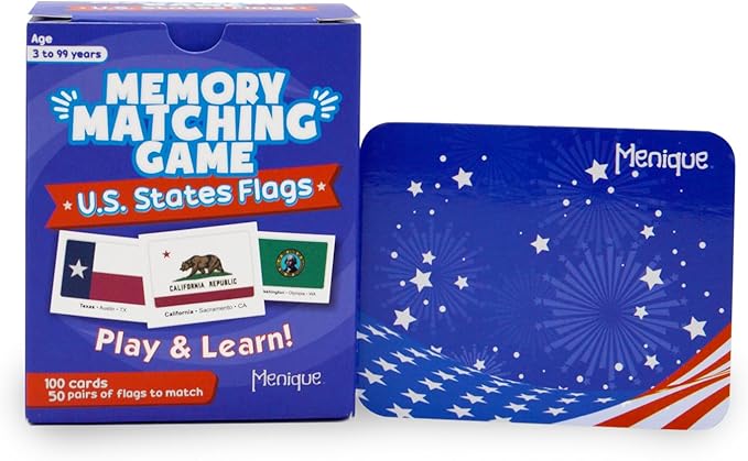 Menique U.S. States Flags Memory Matching Game – 100 Cards (50 Pairs) – Learn State Flags, Capitals & Abbreviations – Educational Card Game for Kids and Adults
