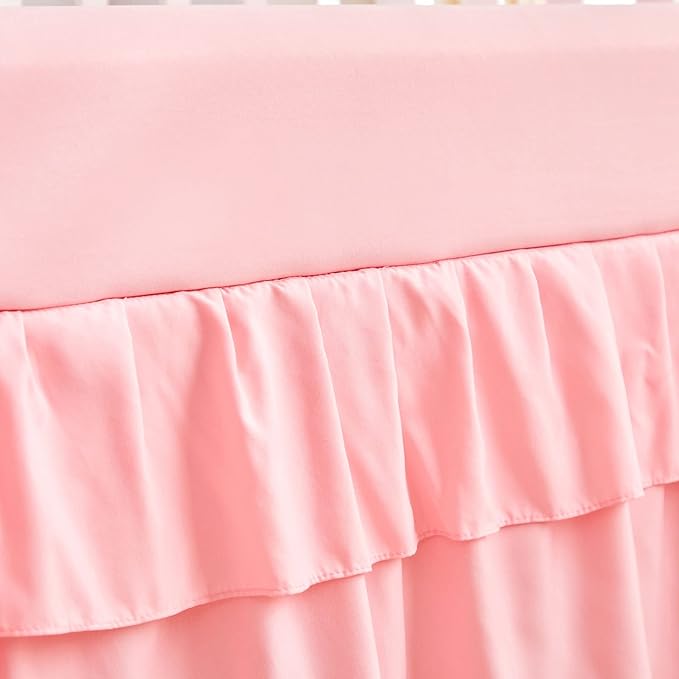Tufted Ruffle Crib Bedding Set 3 Pieces Baby Boho Quilted Comforter with Fitted Sheet and Bed Skirt - Cute Ruffled Shabby Chic Baby Bedding Soft Blanket Design Pink