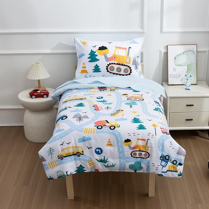 NTBED 4 Pieces Construction Toddler Bedding Set for Baby Boys, Truck Vehicles Excavator Cars Printed, Includes Comforter, Flat Sheet, Fitted Sheet and Pillowcase,Light Blue