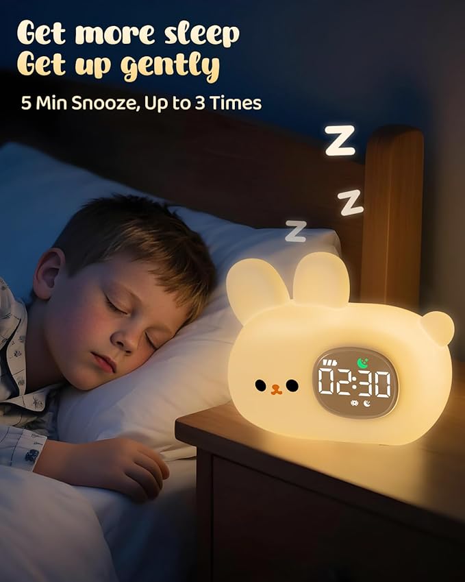 Bunny Alarm Clock for Kids with Night Light, Sleep Training Clock Time to Wake Clock, Rechargeable Silicone Light for Bedroom, Perfect Sleep Companion for Boys Girls