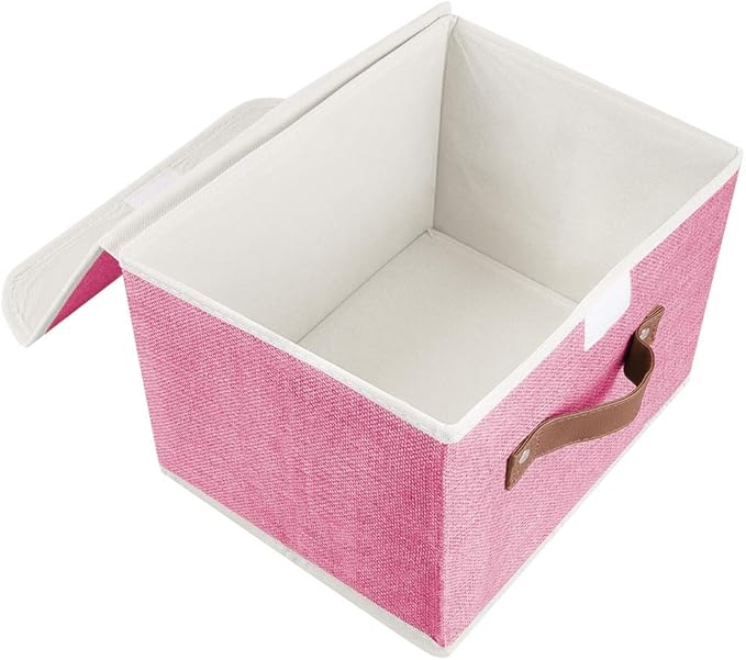 Lucky Monet Storage Bins Boxes with Lids 2 Pack Decorative Storage Boxes Collapsible Fabric Storage Basket Containers Lidded Storage Cube for Organizing Closet Home Office, 15"x 10"x 10" (Pink)