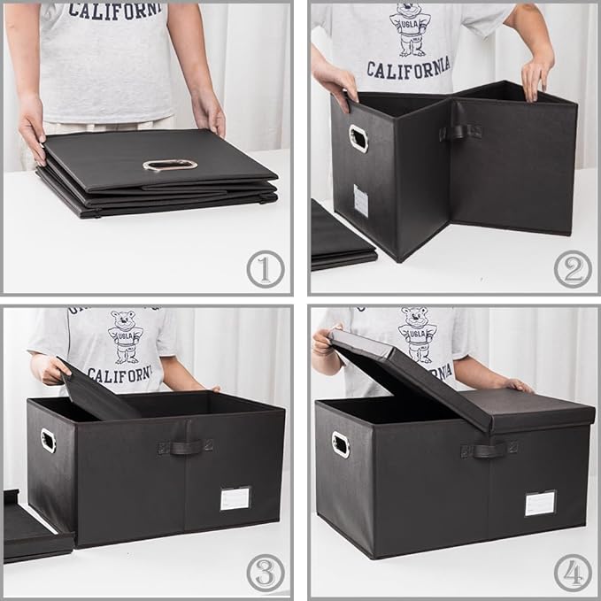 PRANDOM Collapsible Storage Box with Lid [3-Pack] Leather Fabric Foldable Storage Bin Organizer Container Basket Cube with Cover for Home Bedroom Closet Office Nursery Black(22.8X15.7X11.8)