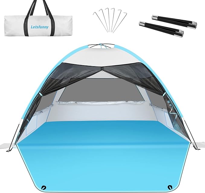 Large Easy Setup Beach Tent,Anti-UV Beach Shade Beach Canopy Tent Sun Shade with Extended Floor & 3 Mesh Roll Up Windows Fits 3-4 Person,Portable Shade Tent for Outdoor Camping Fishing