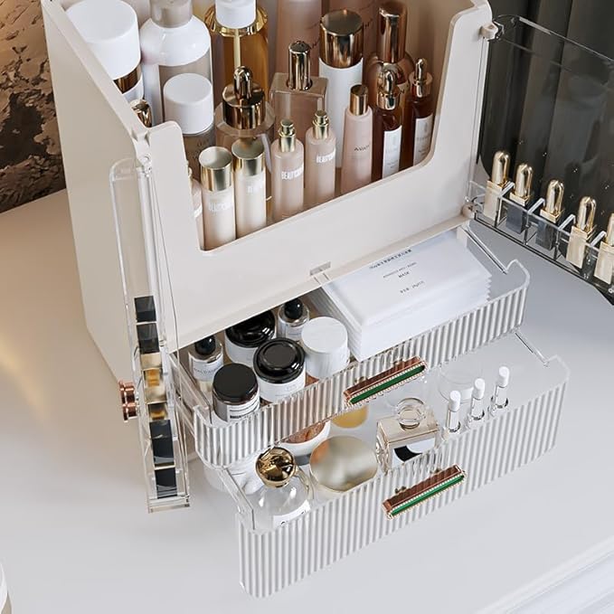 Acrylic Makeup Organizer with Drawers – 38.5CM Large Capacity Cosmetic Storage Box, Dustproof & Waterproof Vanity Organizer for Skincare, Jewelry, Lipsticks & Beauty Products (White)
