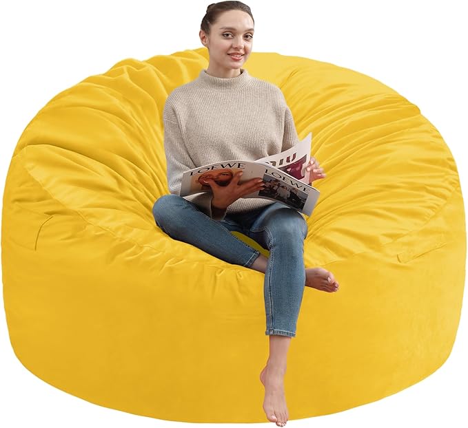3FT Bean Bag Chair, Comfy Bean Bag Chairs with Memory Foam Filled, Fluffy Beanbag Sofa with Dutch Velvet Cover, Round BeanBag Chairs for Living Room, Playroom - Lemon