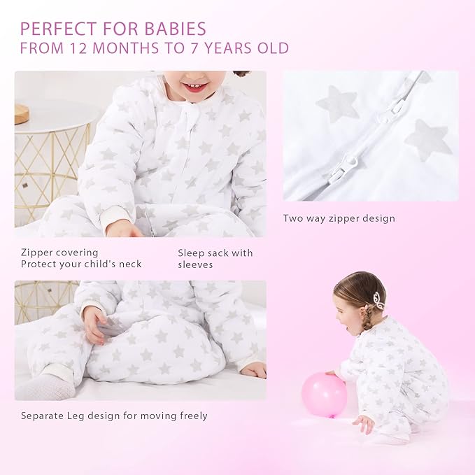 Baby Toddler Sleep Sack with Feet 2.5 TOG Winter, Wearable Blanket with Legs, Toddler Sleeping Sack Long Sleeve (Star, 6-12 Month)