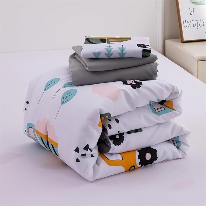 NTBED 4 Pieces Construction Toddler Bedding Set for Baby Boys,Tree Truck Vehicles Excavator Cars Printed, Includes Comforter, Flat Sheet, Fitted Sheet and Pillowcase,Light Green