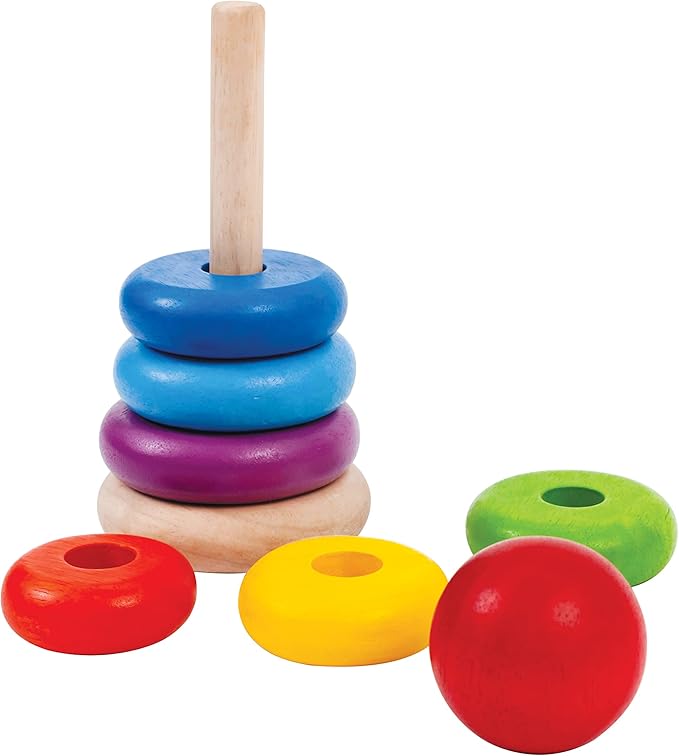 PlanToys Wooden 8 Piece Sorting and Stacking Ring Toy (5124) | Rainbow Color Collection |Sustainably Made from Rubberwood and Non-Toxic Paints and Dyes