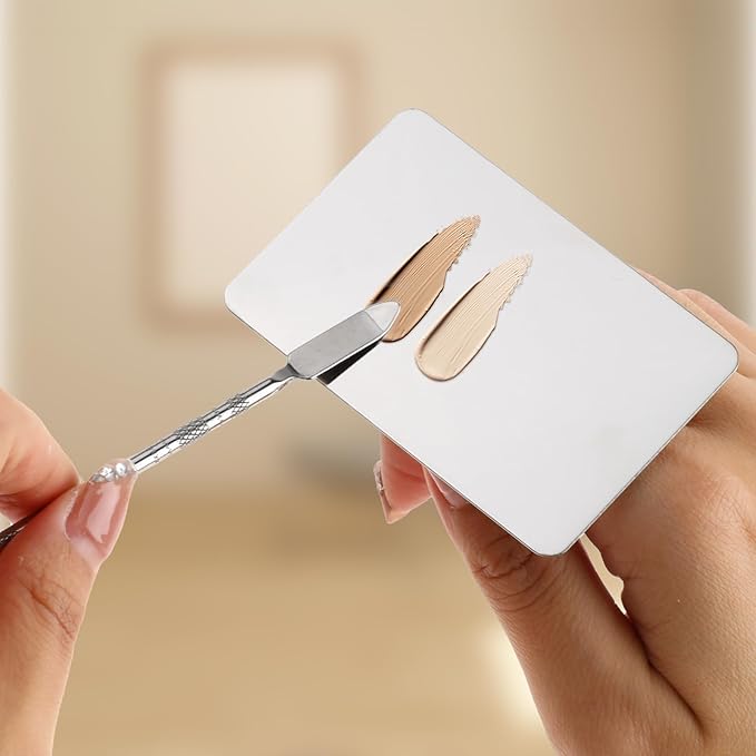2 Pcs Stainless Steel Makeup Palette Makeup Spatula Palette with Foundation Spatula Professional Cosmetic Palette for Mixing Foundation Eye Shadow Nail DIY Art