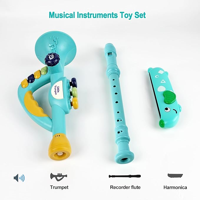 Generic Toddler Musical Instruments Toy, Trumpet, Harmonica, Recorder Flute for Kids Baby, Musical Toys Set for Children, Gifts for Boys Girls Ages 2 3 4 5, Blue