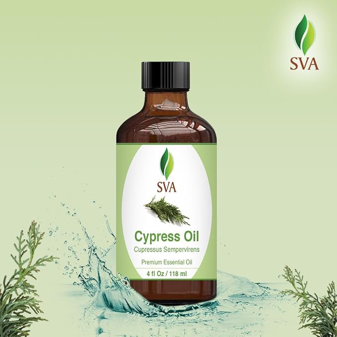 SVA Cypress Essential Oil – 4 Fl Oz – 100% Natural Cypress Oil - for Diffuser, Hair Care, Face, Skin Care, Aromatherapy, Scalp and Body Massage, Soap and Candle Making – with Dropper