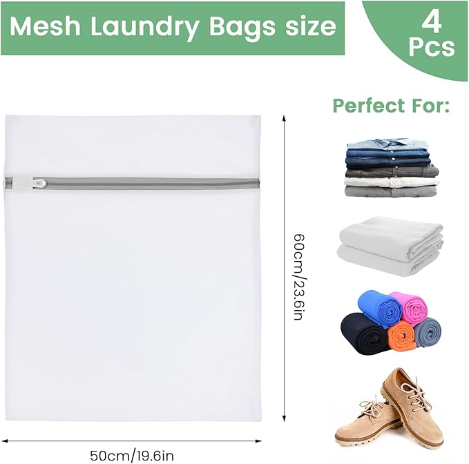 4Pcs Laundry Bags Mesh Wash Bags, 20 X 24 Inches Large Mesh Laundry Bags, Durable Delicate Laundry Bag for Travel, College, Dorm, Family And Apartment Dwellers, White
