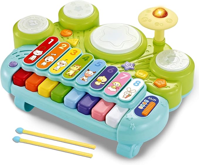 Fisca 3 in 1 Musical Instruments Toys, Electronic Piano Keyboard Xylophone Drum Set - Learning Toys with Lights for Baby & Toddler 1 2 3 Year Old Boys and Girls