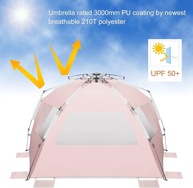 Oileus XX-Large Pop Up Beach Tent Sun Shelter for 5-6 Person Portable Sun Shade Instant Tent for Beach with Carrying Bag, Stakes, 6 Sand Pockets, Anti UV for Fishing Hiking Camping Pink