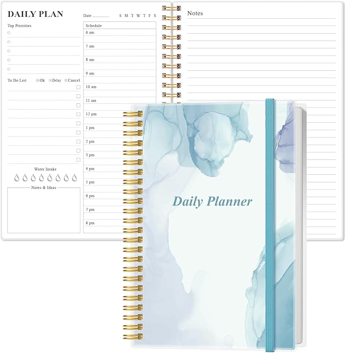 Daily Planner Undated - A5 To Do List Notebook Hourly Schedules, Spiral Appointment Planner for Women and Men, PVC Hardcover, Inner Pocket, Elastic Closure, 5.8" x 8.3", Blue Watercolor